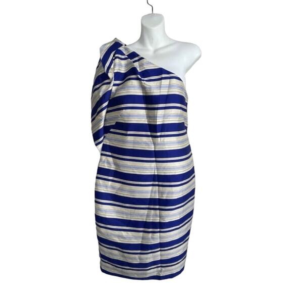 NWT Banana Republic One-Shoulder Bow Sheath Dress Womens Sz 10 Blue Ivory Stripe - Picture 3 of 11